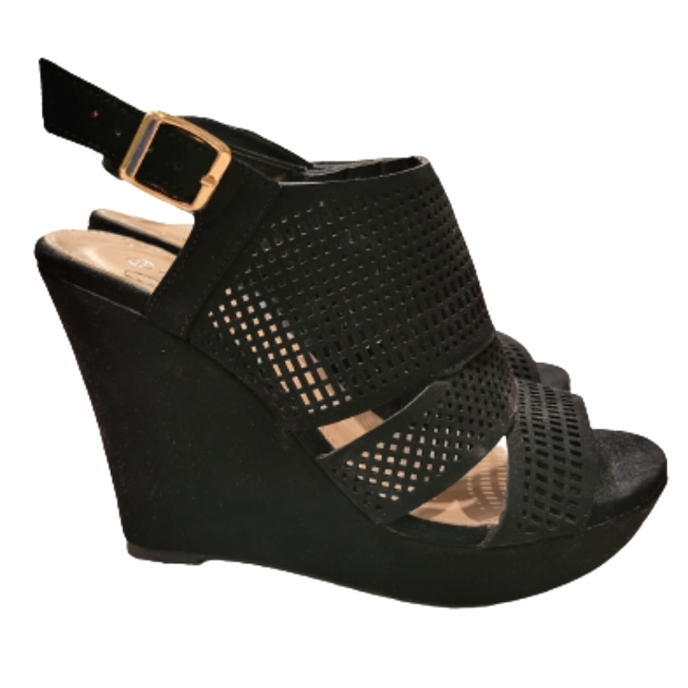 2/$18 Top Moda Black Suede Slingback Wedge Open Toe Heel 6.5 Buckle Open Back